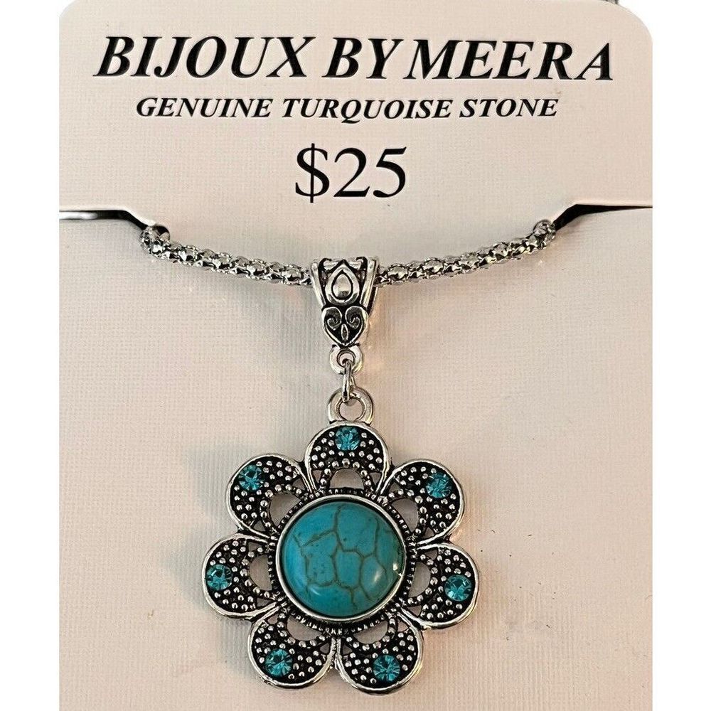 Bijoux By Meera Turquoise Stone Charm Silver Flower Necklace